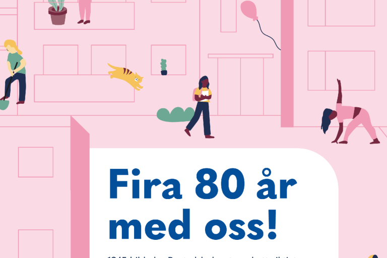 Tecknade gubbar mot en rosa bakgrund. Text i bild: "Fira 80 år med oss!".