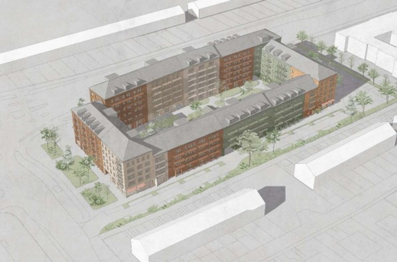 En ritning/visualiseringsbild av en flera lägenhetsbyggnader i gråa och röda färger. Runt byggnaderna finns träd och några trottoarer/gator. Skissen är gjord av arkitektfirman Kjellander Blomberg.