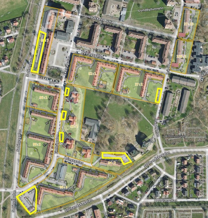 Drönarbild över Kyrkbyn på Hisingen i Göteborg, där man ringat in det område som ska övergå till tillståndsparkering. 