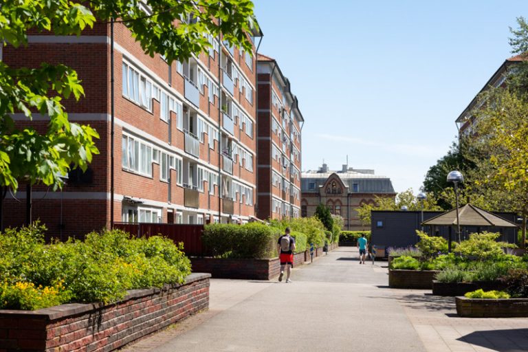 Bilden visar en grupp av människor som går mellan husen i Landalabergen i Göteborg. 