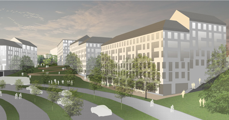 En visualiseringsbild av ett par vita, höga byggnader omgivna av träd och trottoarer. Bilden är skapad av arkitektfirman Kjellander Sjöberg.