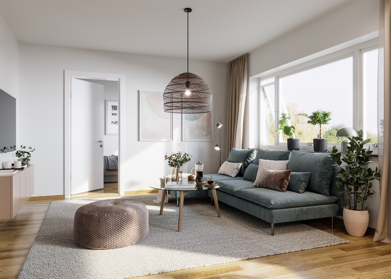 Ett vardagsrum fyllt med möbler och ett stort fönster.