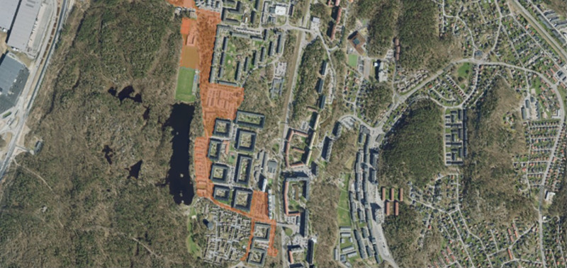 En renderad drönarbild av det norra området i Biskopsgården. Fotot är taget av Göteborgs stad.