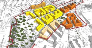 En visualiseringsbild av ett par byggnader omgivna av träd och trottoarer. Bilden är skapad av arkitektfirman Kjellander Sjöberg.