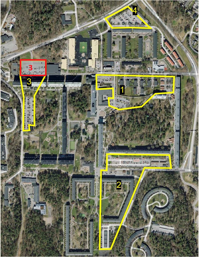 Zonkarta (drönarbild) över de nya parkeringszonerna i Hammarkullen, där man markerat ut zon 3. 