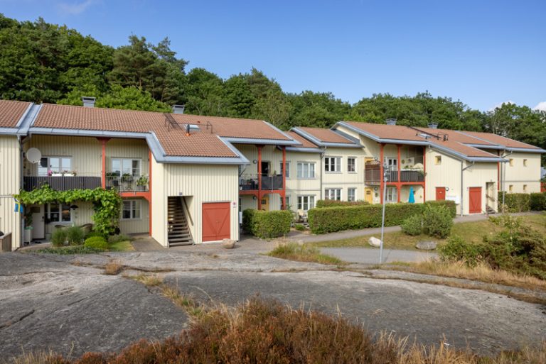 En rad hyreshus med skog bakom och sten framför dem.