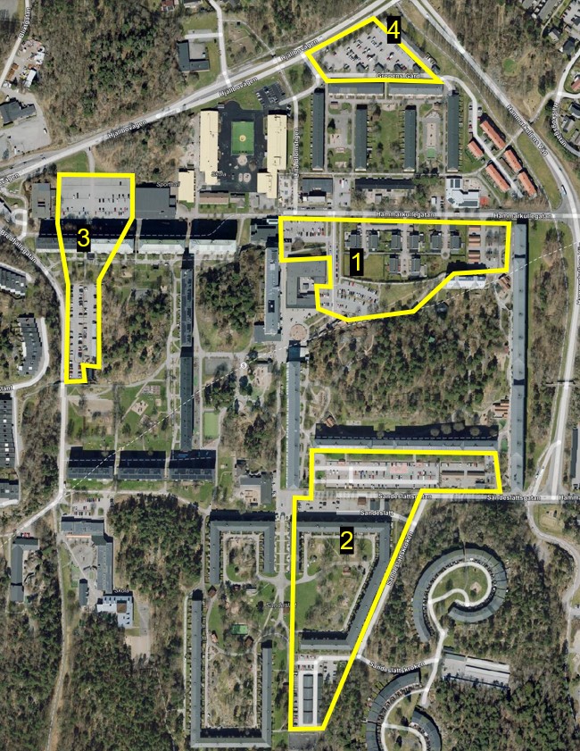 Zonkarta (drönarbild) över de nya parkeringszonerna i Hammarkullen.