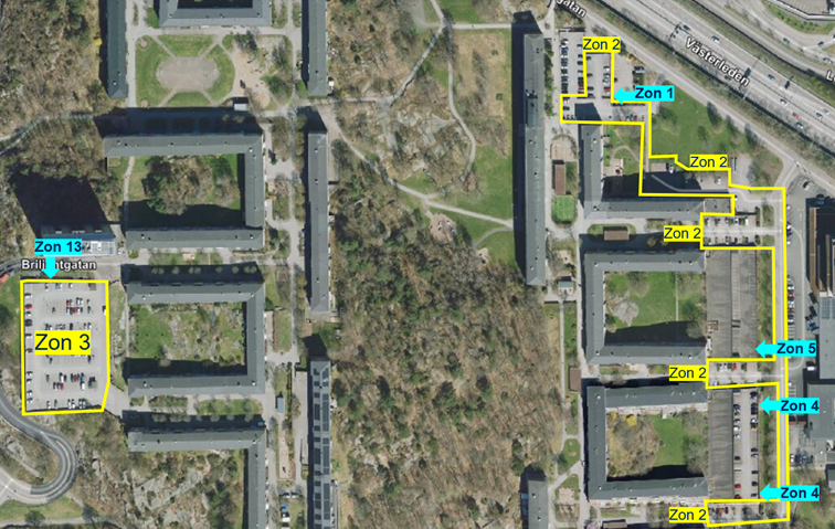Zonkarta (drönarbild) över de nya parkeringszonerna i Tynnered.