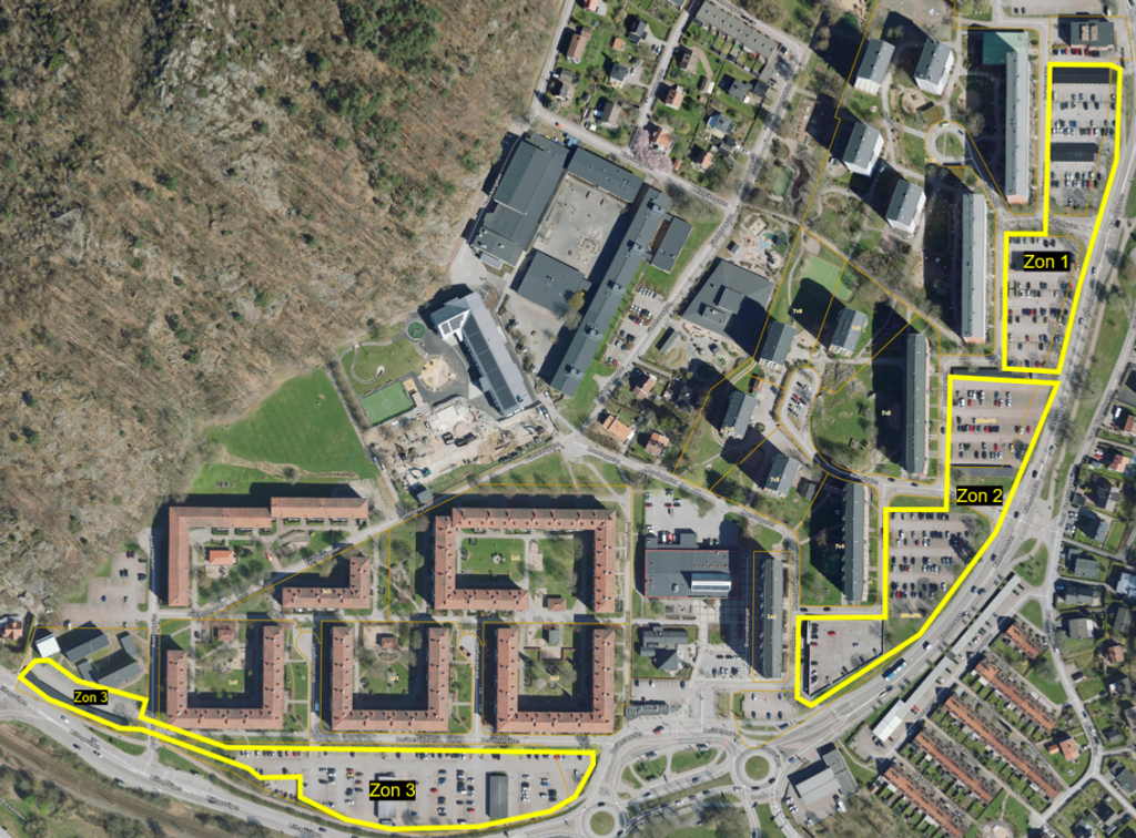 Drönarbild över Brunnsbo, där man ringat in området där tillståndsparkeringen ligger. 