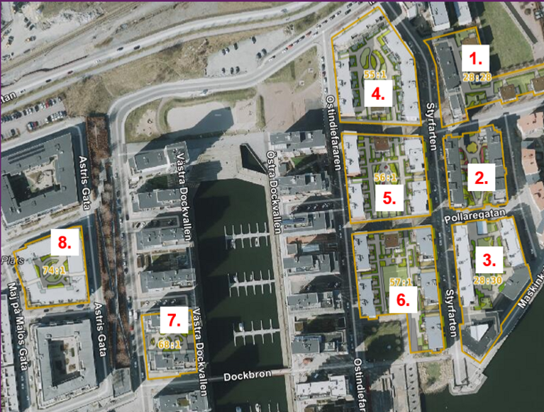 Drönarbild över Eriksberg, där man ringat in området där tillståndsparkeringen ligger. 