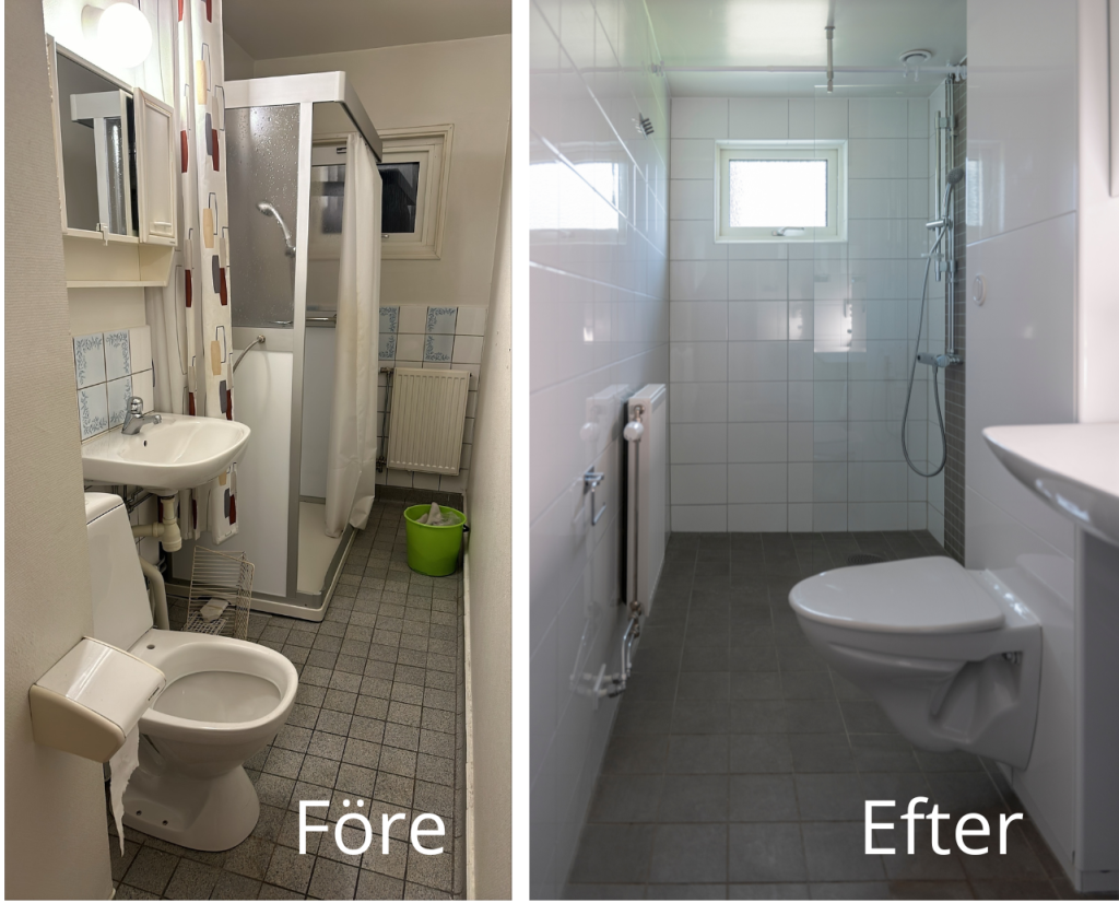 Före och efter renoveringen i badrummen på Träkilsgatan i Robertshöjd.