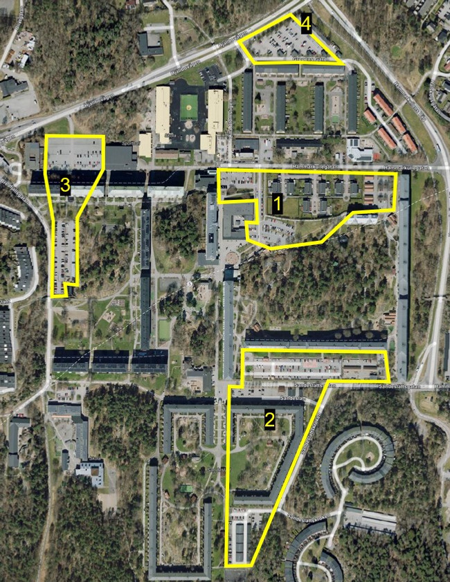 Drönarbild över Hammarkullen, där man ringat in området där tillståndsparkeringen ligger. 