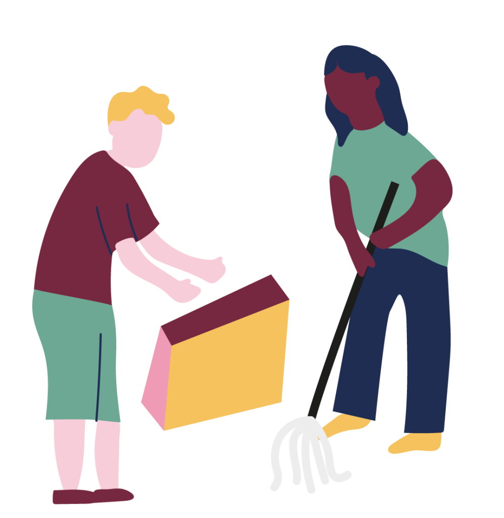 En illustration av en man och en kvinna som städar.