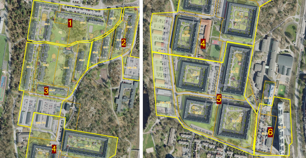 Drönarbild över Länsmansgården, där man ringat in området där tillståndsparkeringen ligger. 