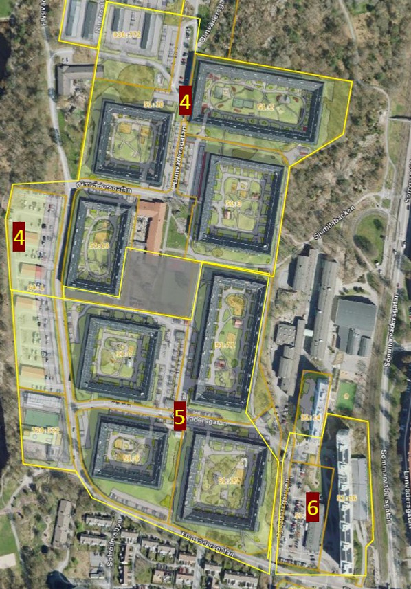 Drönarbild över Norra Biskopsgården, där man ringat in området där specialtillståndsparkeringen ligger. 