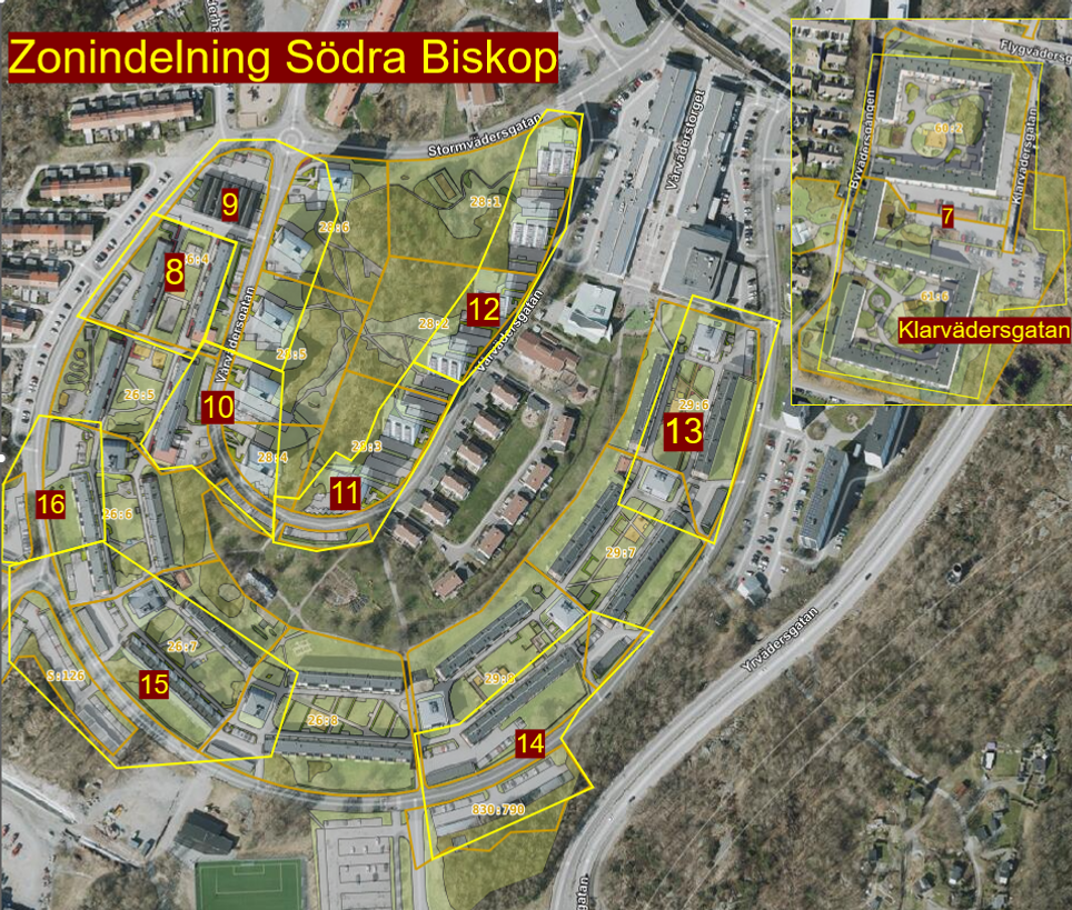 Drönarbild över Södra Biskopsgården, där man ringat in området där tillståndsparkeringen ligger. 