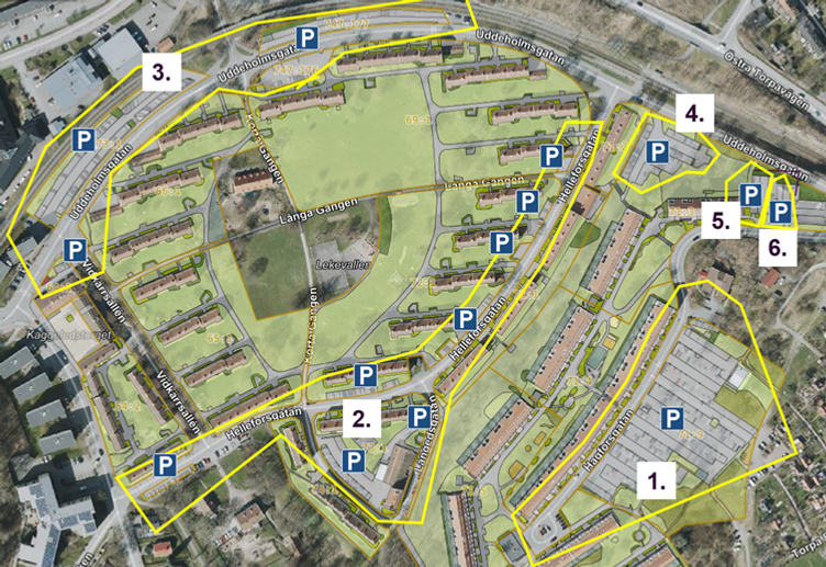 Drönarbild över Östra Torpa, där man ringat in området där tillståndsparkeringen ligger. 