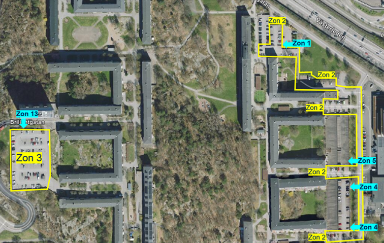 Drönarbild över Tynnered, där man ringat in området där tillståndsparkeringen ligger. 