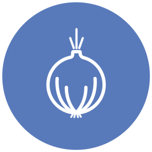 En blå cirkel med ett vitt ornament av en lök på.