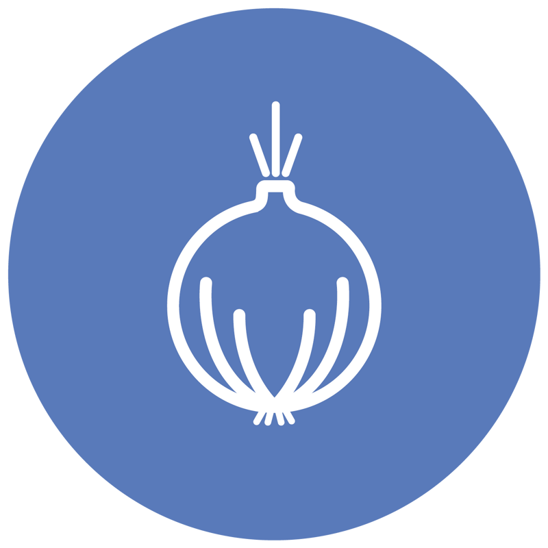 En blå cirkel med ett vitt ornament av en lök på.