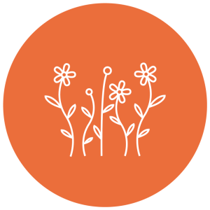 Blommor i en orange cirkel.