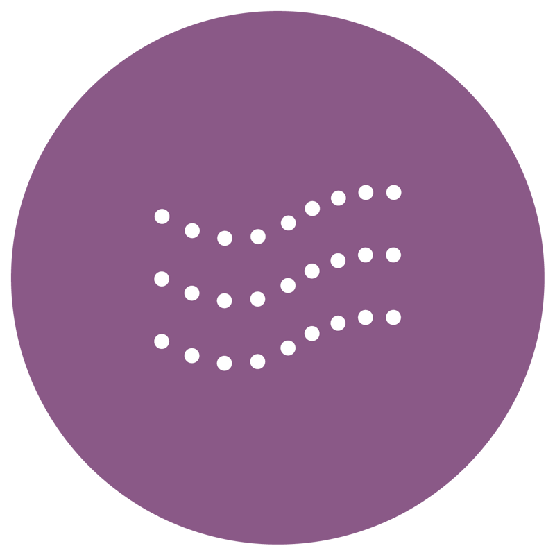 En lila cirkel med vita prickar i.