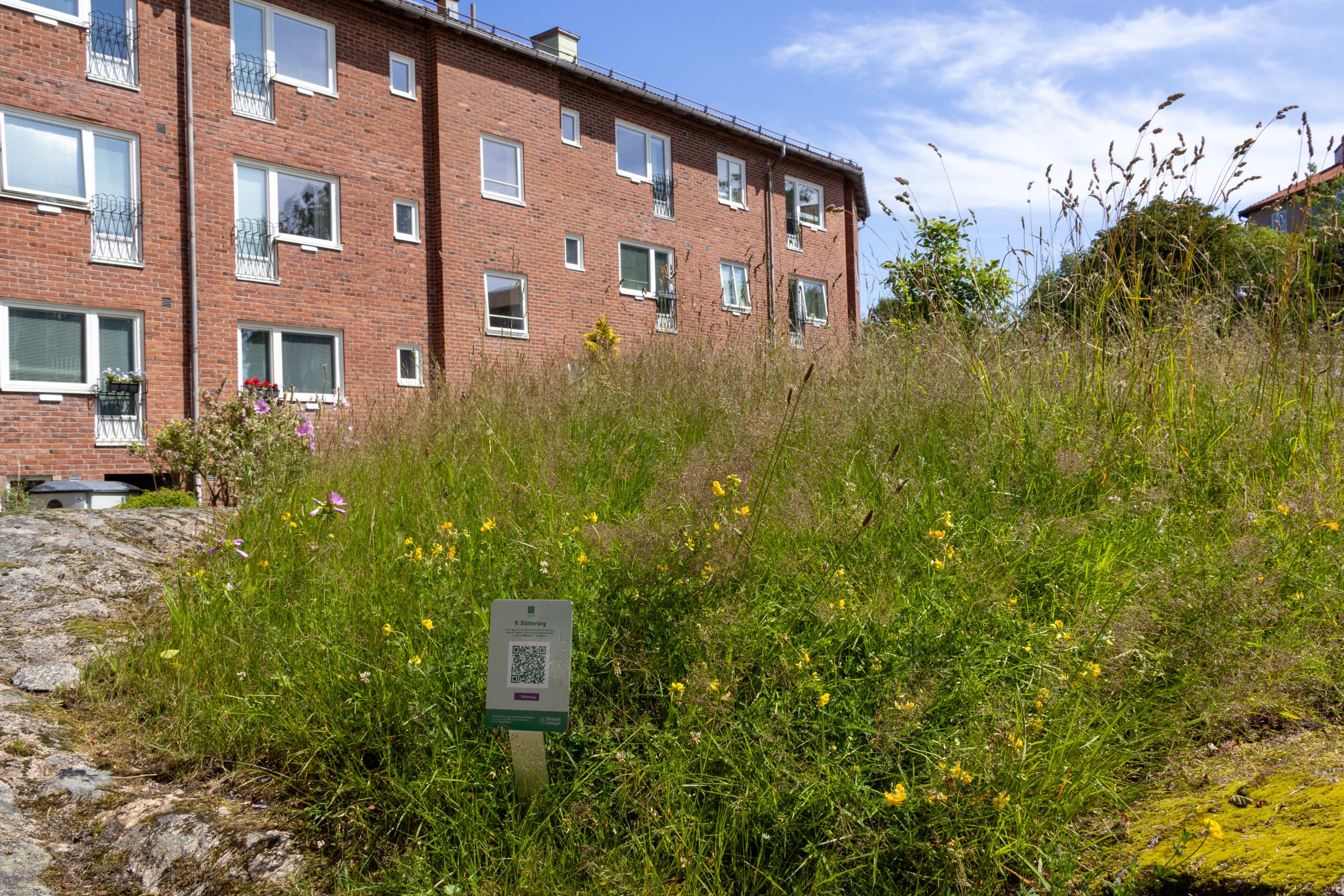 En tegelbyggnad som ligger bredvid ett grönskande fält.