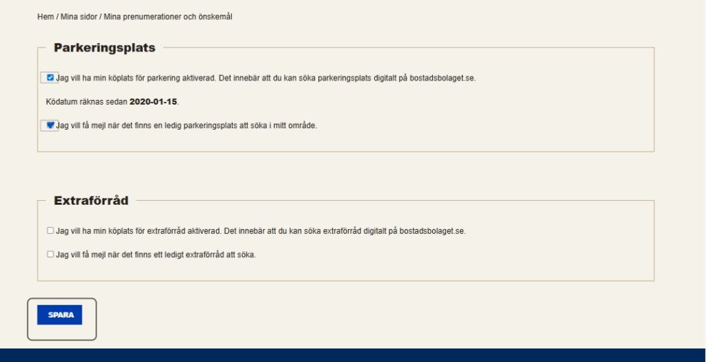 Skärmdump på Mina sidor på bostadsbolaget.se, där man ringat in hur man gör för att aktivera sin köplats för parkering.