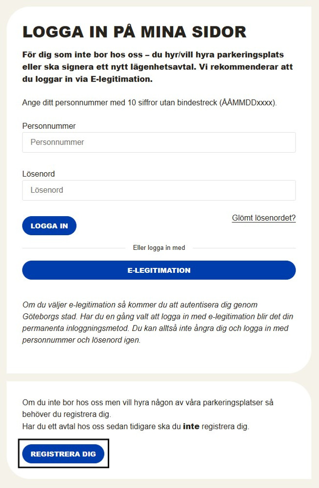 En skärmdump av inloggningen på Mina sidor på bostadsbolaget.se, där man har ringat in vad man trycker på för att registrera ett nytt konto. 