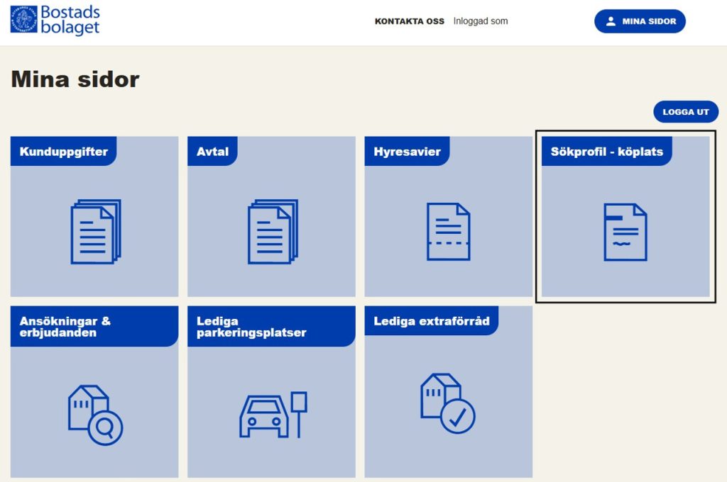 En skärmdump av Mina sidor på bostadsbolaget.se, där man har ringat in vad man trycker på för att se sin sökprofil.