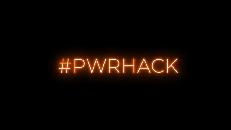 Röd, illustrerad neonskylt mot svart bakgrund där det står "#Pwrhack".