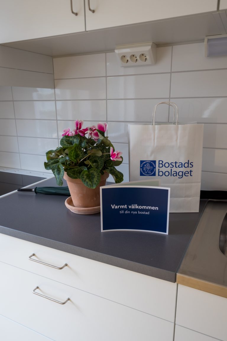 En krukväxt som står på en köksbänk bredvid en påse med Bostadsbolagets logotyp.