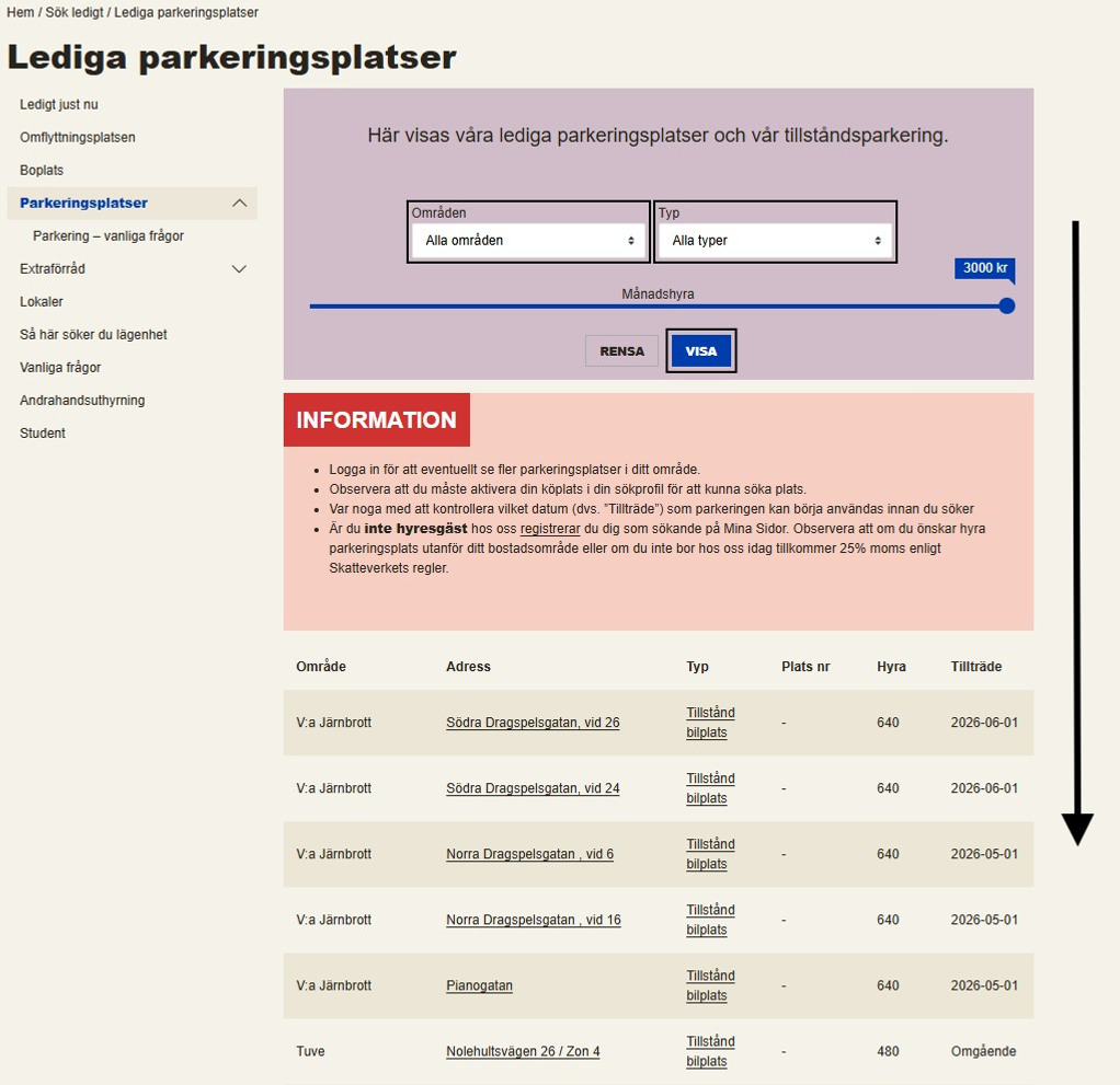 Skärmdump på hur det ser ut när man söker ledig parkeringsplats på Bostadsbolagets hemsida. Här har man ringat in en parkeringsplats, för att visa hur man anmäler sitt intresse för denna. 
