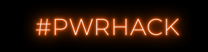 Röd, illustrerad neonskylt mot svart bakgrund där det står "#Pwrhack". 