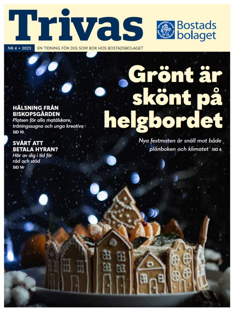 Ett omslag till en tidning med pepparkakshus.