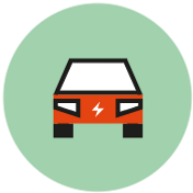 En grön cirkel med en röd, illustrerad elbil i. 