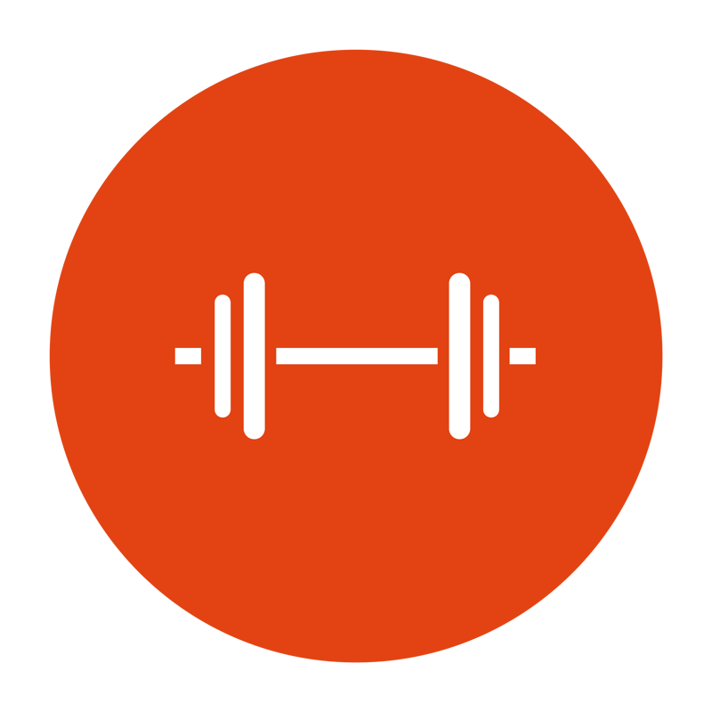 En röd cirkel med en skivstång i.