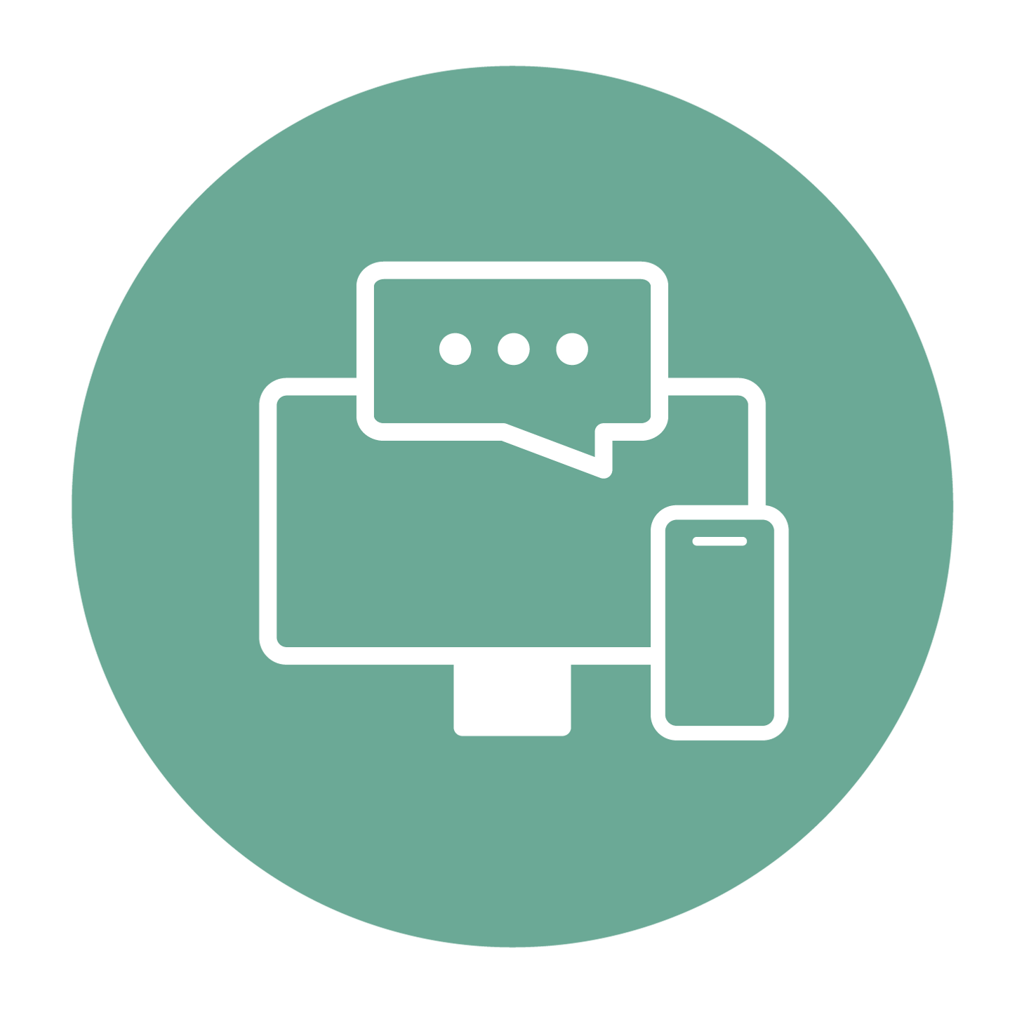 Grön cirkel med en dator, mobil och pratbubbla i. 