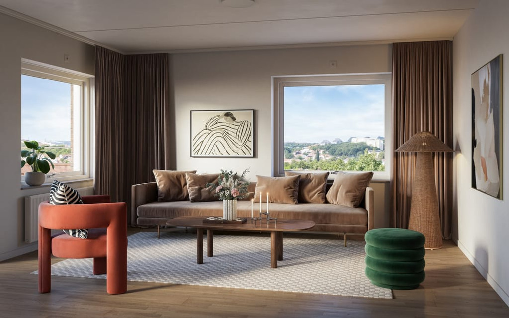 Visualiseringsbild på ett vardagsrum fyllt med möbler i bruna, röda och gröna toner samt ett stort fönster.