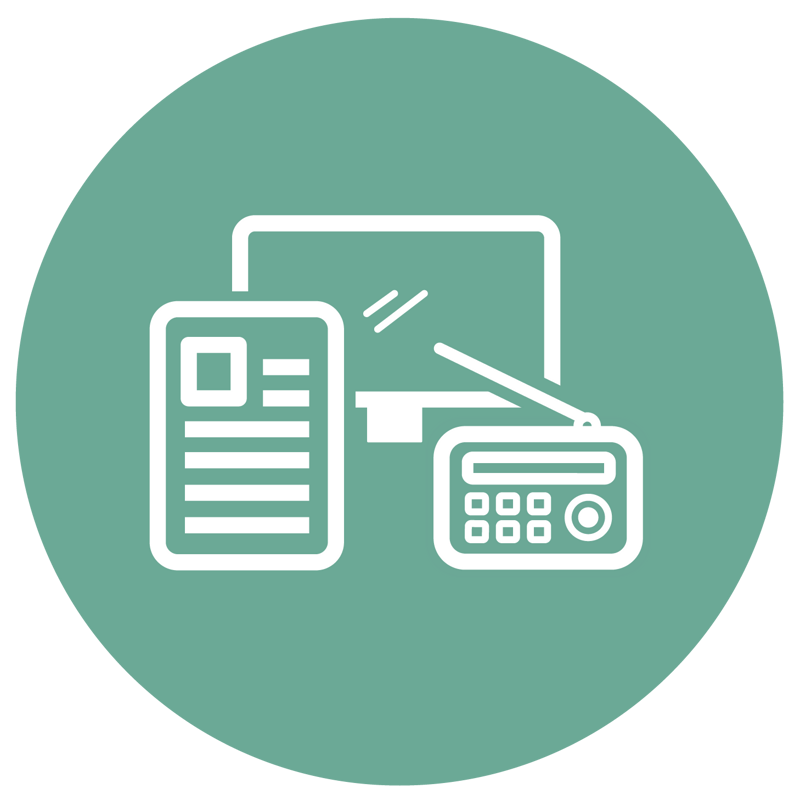 En dator, radio och telefon i en turkos cirkel.