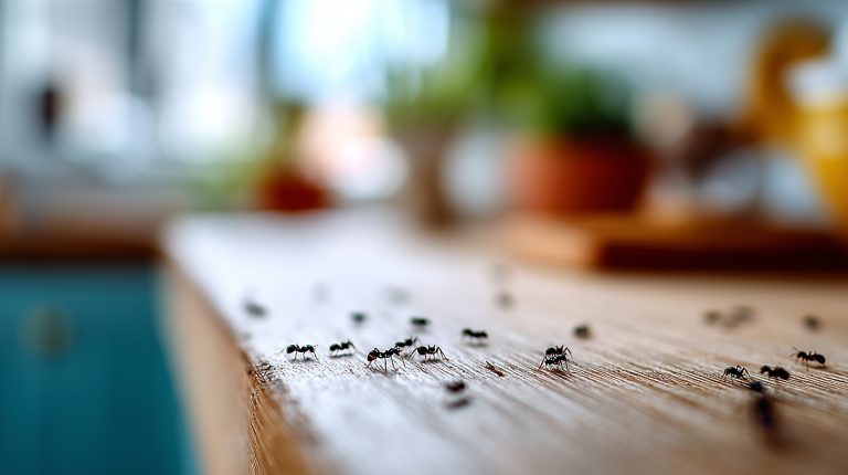 Ett gäng myror som går över en diskbänk. 