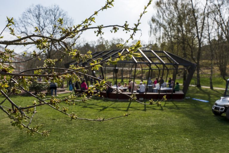 En grupp människor som sitter på en bänk i en park.