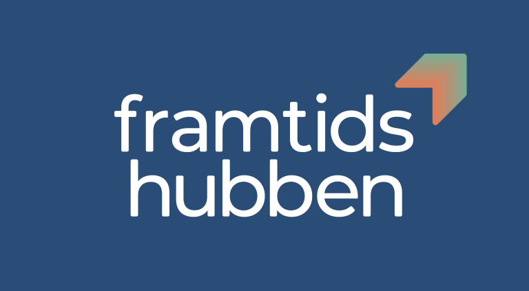 En blå bakgrund med en vit pil och orden framtidshubben.