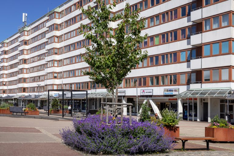 En stor byggnad med många fönster och växter framför den.