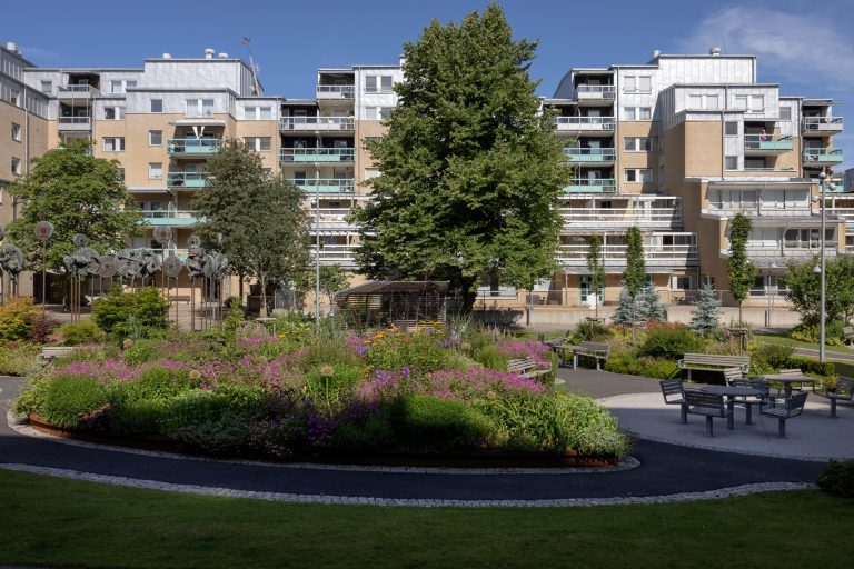 En park med många träd och blommor.