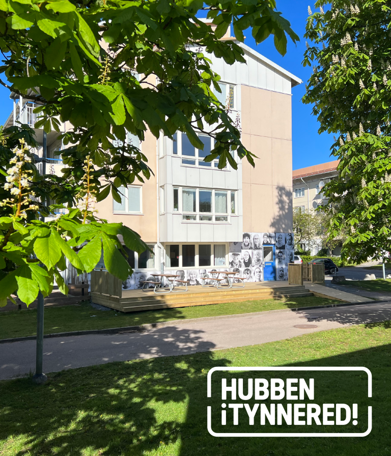 En byggnad med en gräsmatta och träd framför sig.