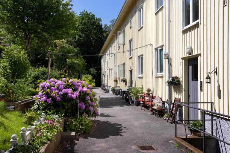 En rad hus med blommor framför sig.