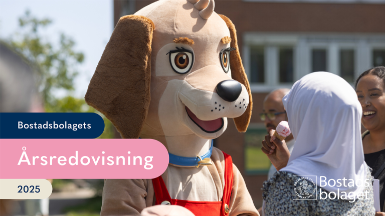 Bostadsbolagets maskot Trygga, en hund med röda hängselbyxor, på ett kalas. Text i bild: "Bostadsbolagets årsredovisning 2025"