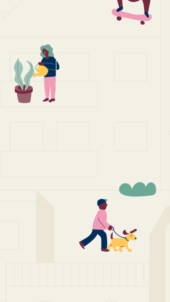 Beige bakgrund med olika figurer som gör aktiviteter, exempelvis går med hunden, springer, spelar gitarr etc.