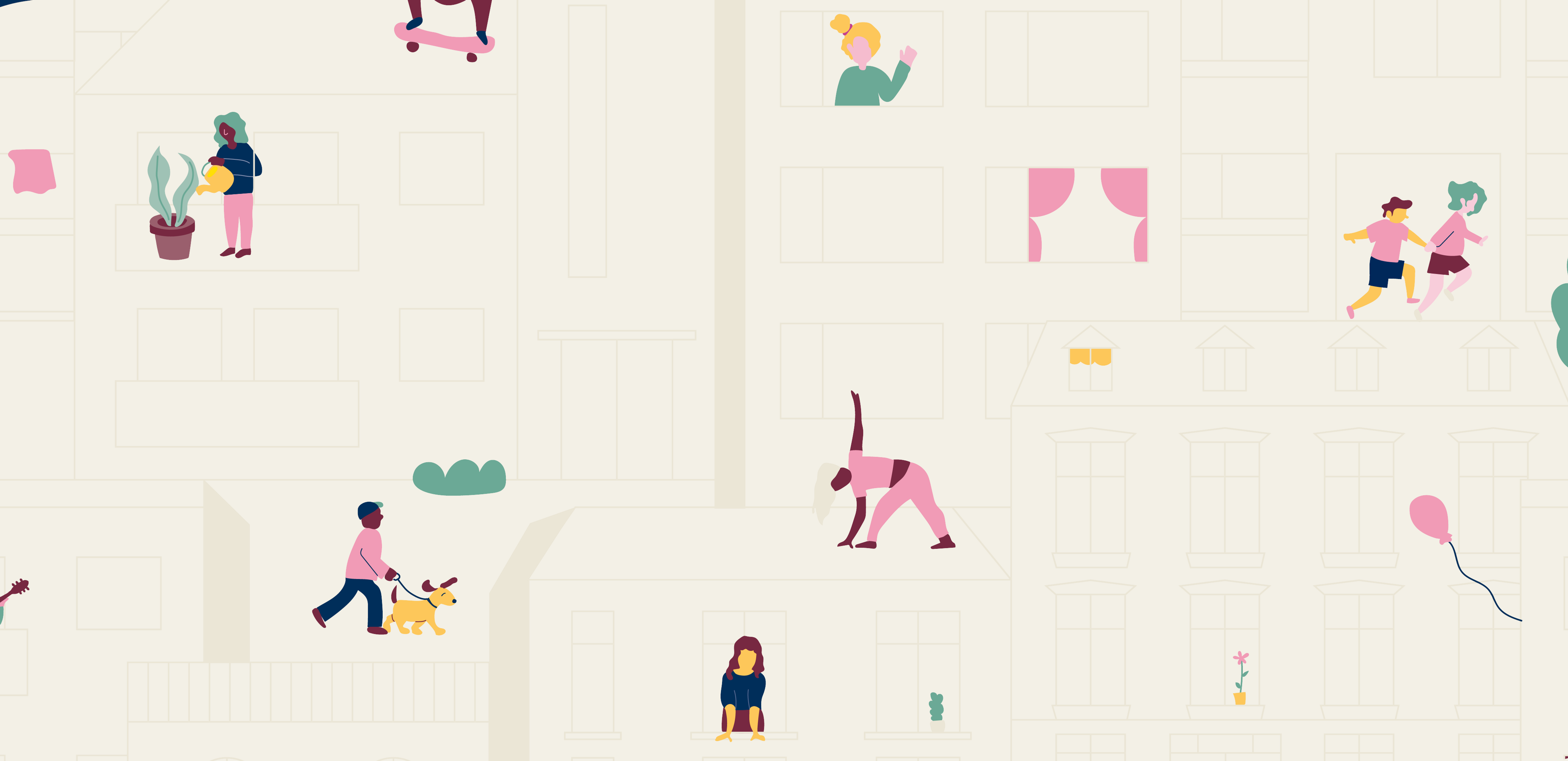 Beige bakgrund med olika figurer som gör aktiviteter, exempelvis går med hunden, springer, spelar gitarr etc. 